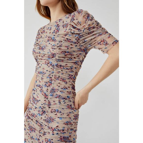 FREE PEOPLE Briella Floral Printed Midi Dress Large Cream Tea Ruched NWT - Picture 3 of 16